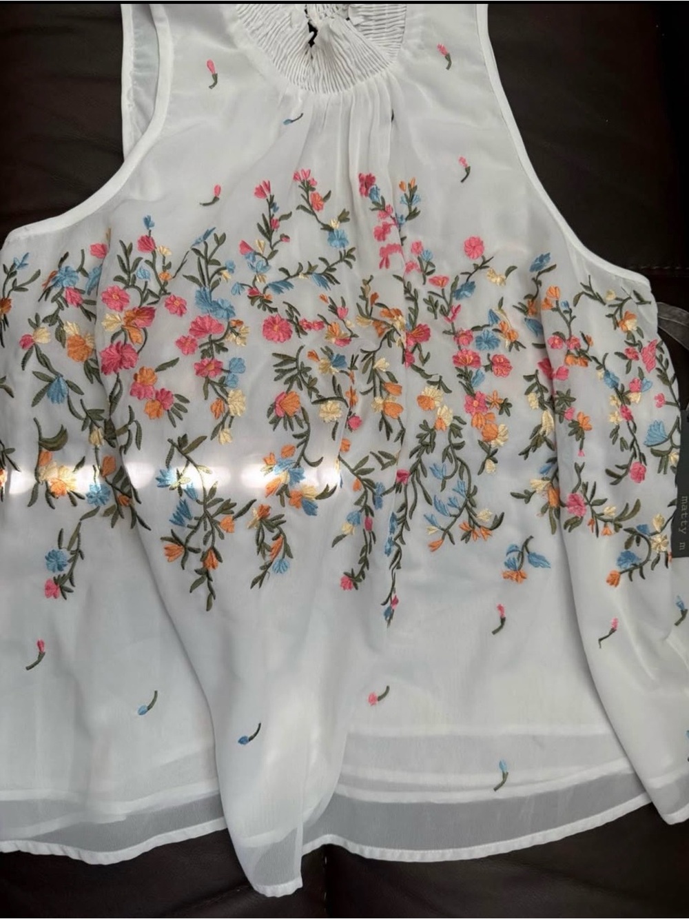 Matty M White Sheer Sleeveless Blouse with Multicolor Floral Embroidery